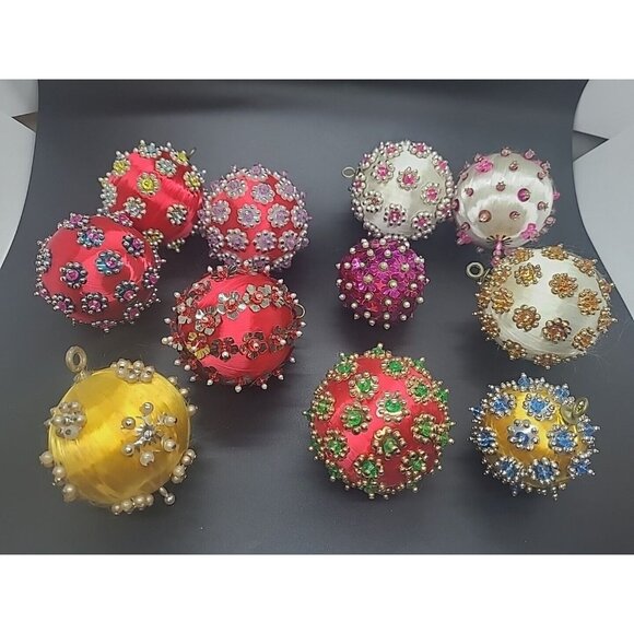 Other - Vintg Beaded satin Christmas Ornaments Balls 1970s Multi colored Retro Kitsch